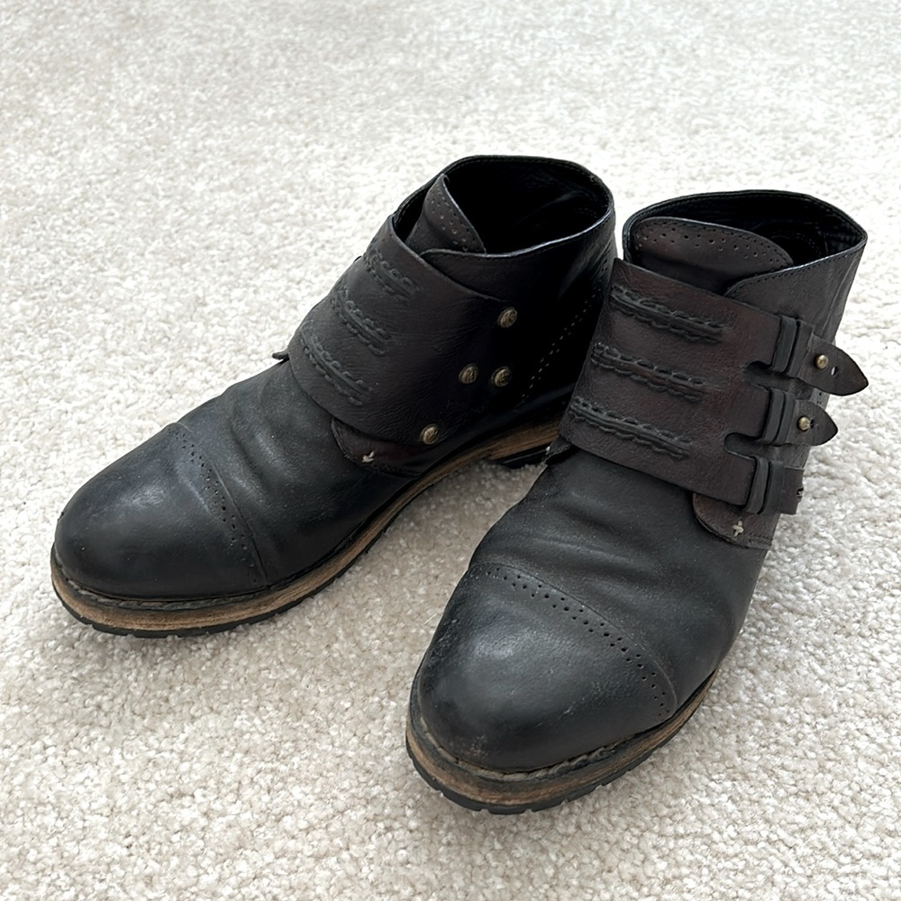 RAG&BONE handmade black leather booties with vibram soles on bottom. Biker-ish
